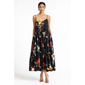 BIYAN Couture Romantic Floral Midi Dress Black Butterfly Print XS 100% Silk Boho